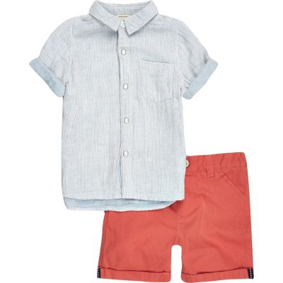 Mini boys blue stripe shirt shorts outfit